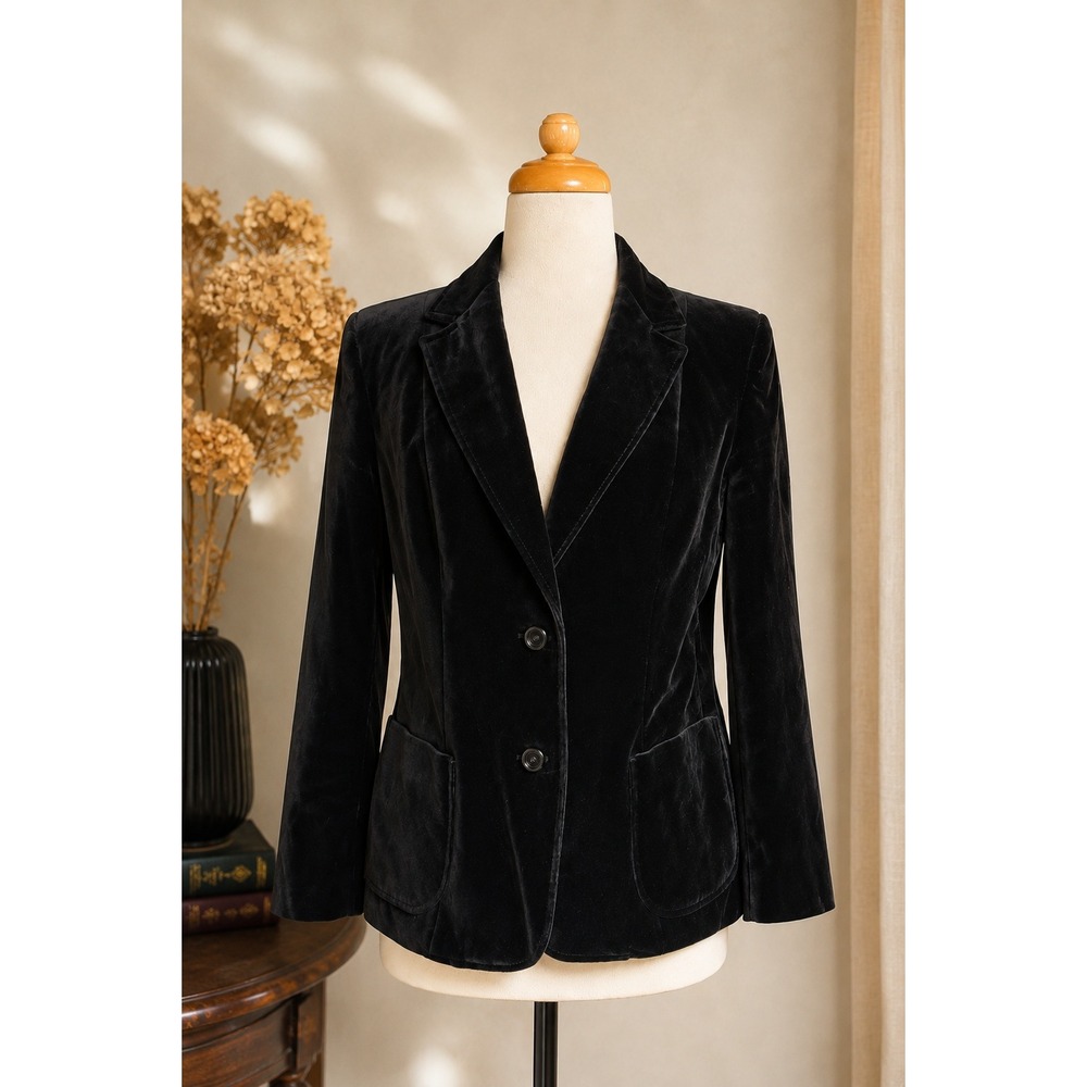 Vintage Black Velvet Blazer UK Made Cotton Modal Jacket Large Classic‎ Tailored